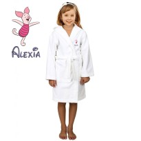 Funny Pink Bear Cartoon Design & Custom Name Embroidery on Kids Hooded Bathrobe